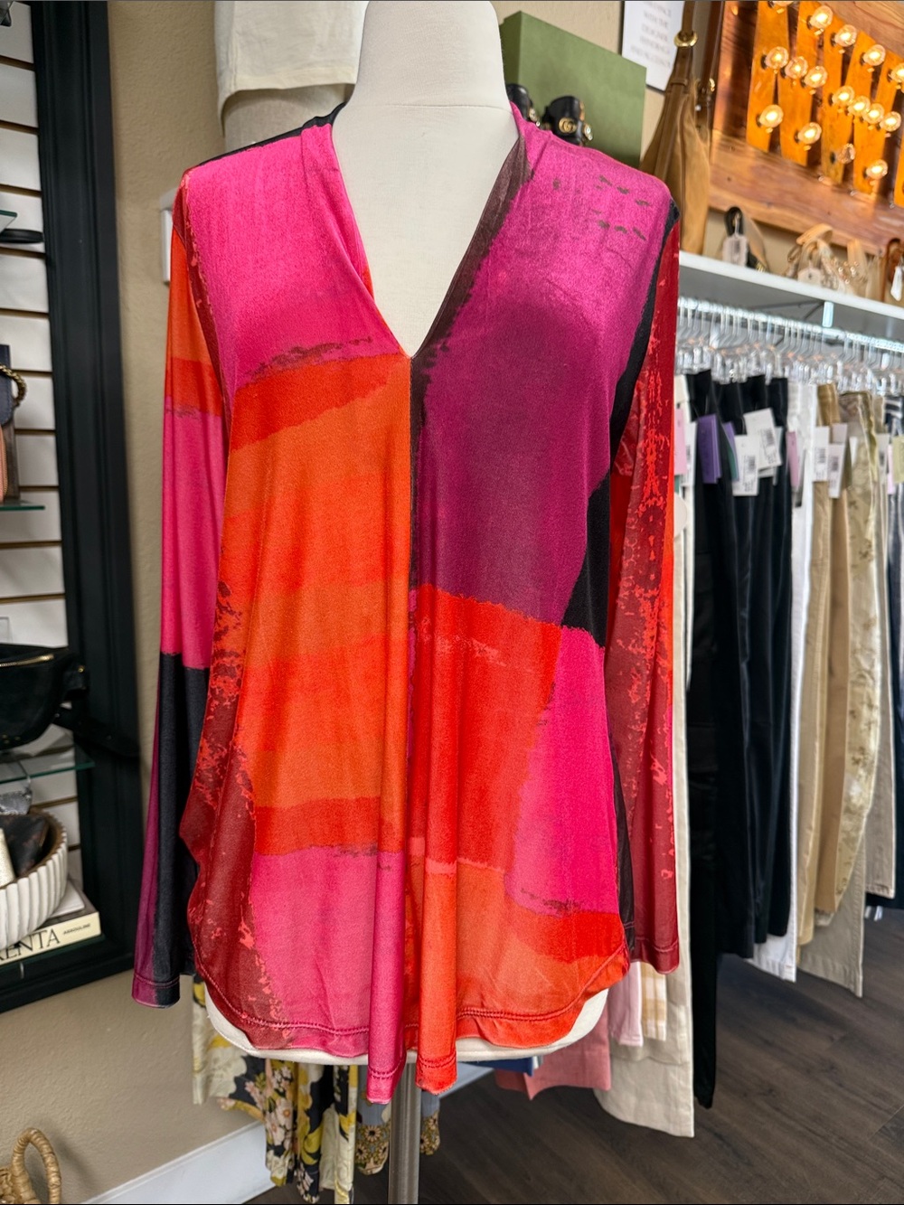 Alembika Crushed Velvet Pink and Magenta V-Neck Long Sleeve Top 3/M